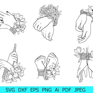 Floral Hand Svg, Floral gebonden handen paar Svg, handen & bloemen Png, handen paar Svg, gebonden handen svg, touw Svg, Hand Cricut, bloem Svg