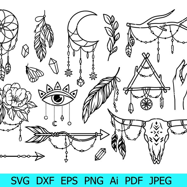 Boho Elements Svg, Boho Svg Bundle, Boho Png Bundle, Boho Silhouette, Boho Clipart Svg, Minimalist Png, Dream Catcher Svg,Moon Png,Arrow Png