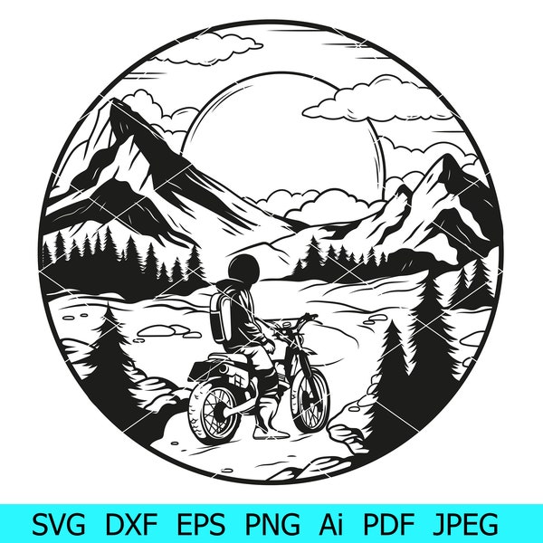 Mountains Svg,Travel in The Mountains Svg,Mountain Sunset Silhouette, Motorcyclist Trip Png,Mountains Silhouette,Bike Trip Svg,Pine Tree Png