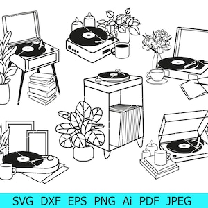 Vinyl speler Svg, vinyl spelers Svg bundel, Vinyl Records Svg, Vinyl Png, platenspeler Cricut, Vintage Svg, Retro muziek illustraties