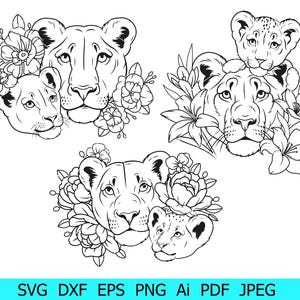 ライオン SVG、動物 PNG、ライオン SVG シルエット、ライオン ファミリー SVG バンドル、野生の自然のクリップアート、母と子 SVG、花 PNG