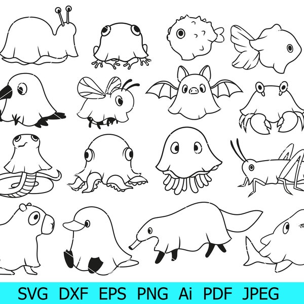 Animals Halloween Svg,Insect Ghosts Png,Cute Animals Svg Bundle,Snail Shark Anteater Grasshopper Frog Crab Silhouette Svg,Ghosts Halloween