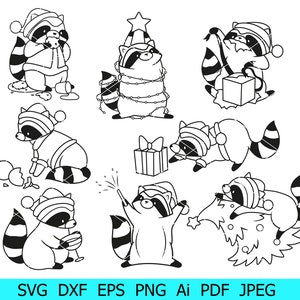 Raton laveur de Noël SVG, Animal de Noël Png, Raton laveur SVG Bundle, Raton laveur festif SVG, Clipart de Noël, Raton laveur avec arbre de Noël/Cadeau Png