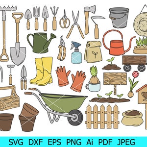 Herramientas de jardinería svg, paquete de sublimación de jardinería, imágenes prediseñadas de jardinería, flores svg, jardinería png, archivos de corte de jardinería, silueta de jardinería
