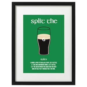 May include: A green poster with the text "split the" in white. A black and white illustration of a pint glass of Guinness with the text "Rules" and a list of rules for the game "Split the G" below the illustration.