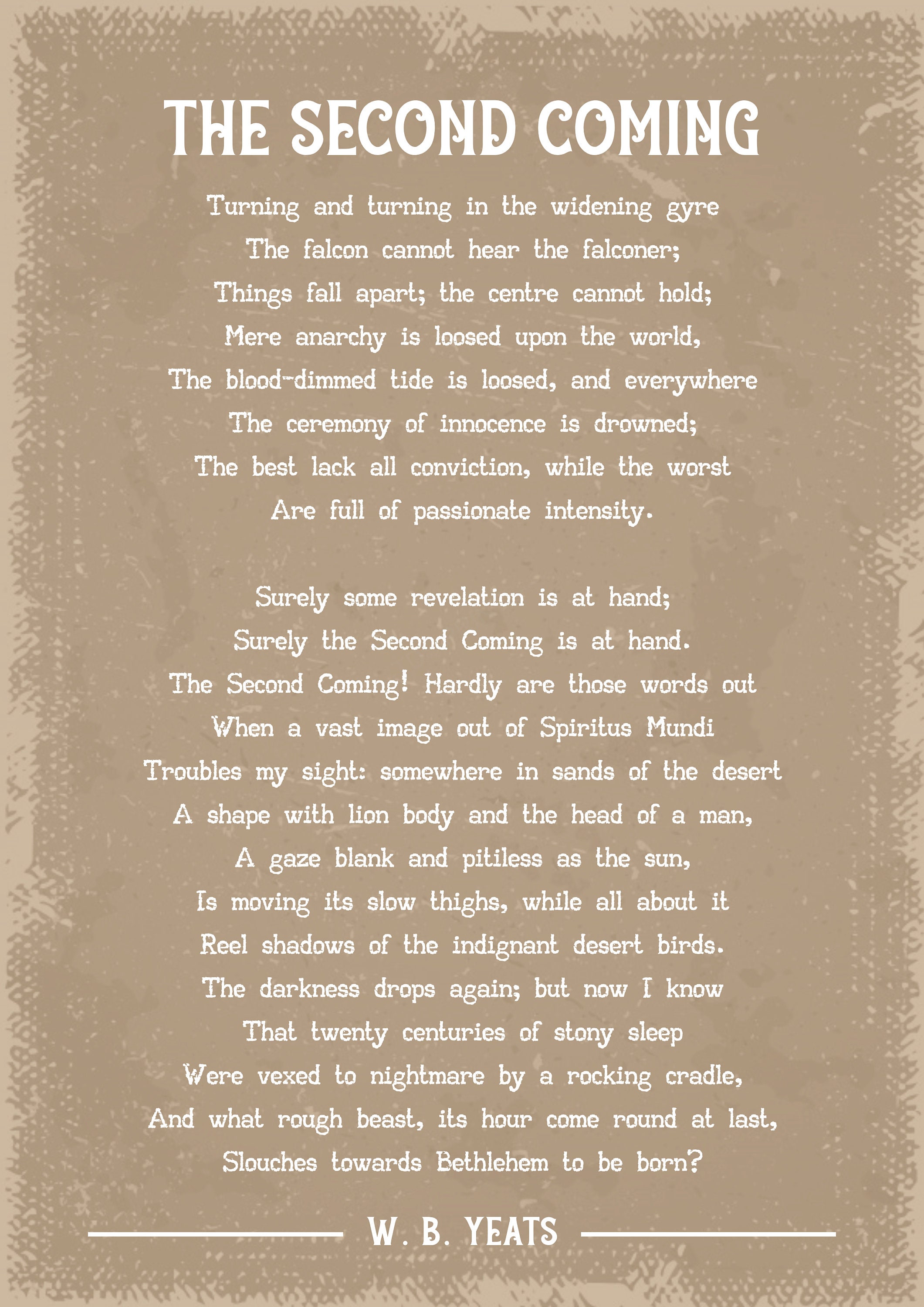 W.B. Yeats the Second Coming Poem Art Print Etsy UK