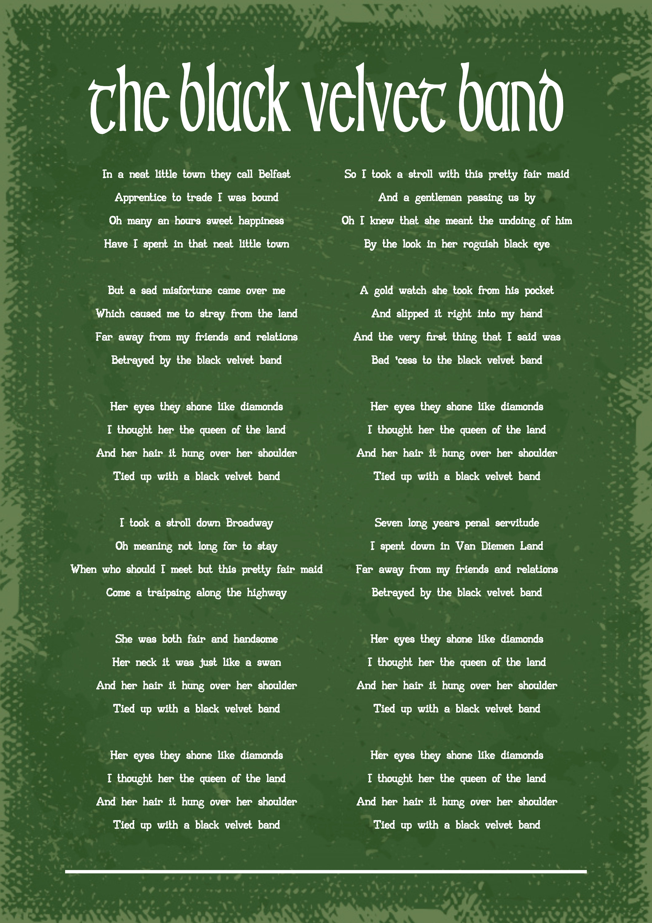 The Black Velvet Band Traditional Irish Song Lyrics Art Print Etsy