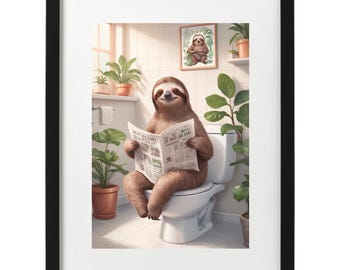 Cute sloth on the toilet / bathroom wall art print