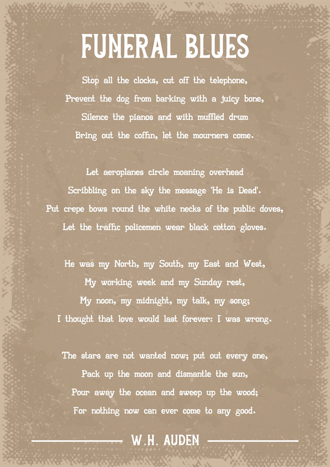 W.H. Auden Funeral Blues Poem Art Print Etsy UK