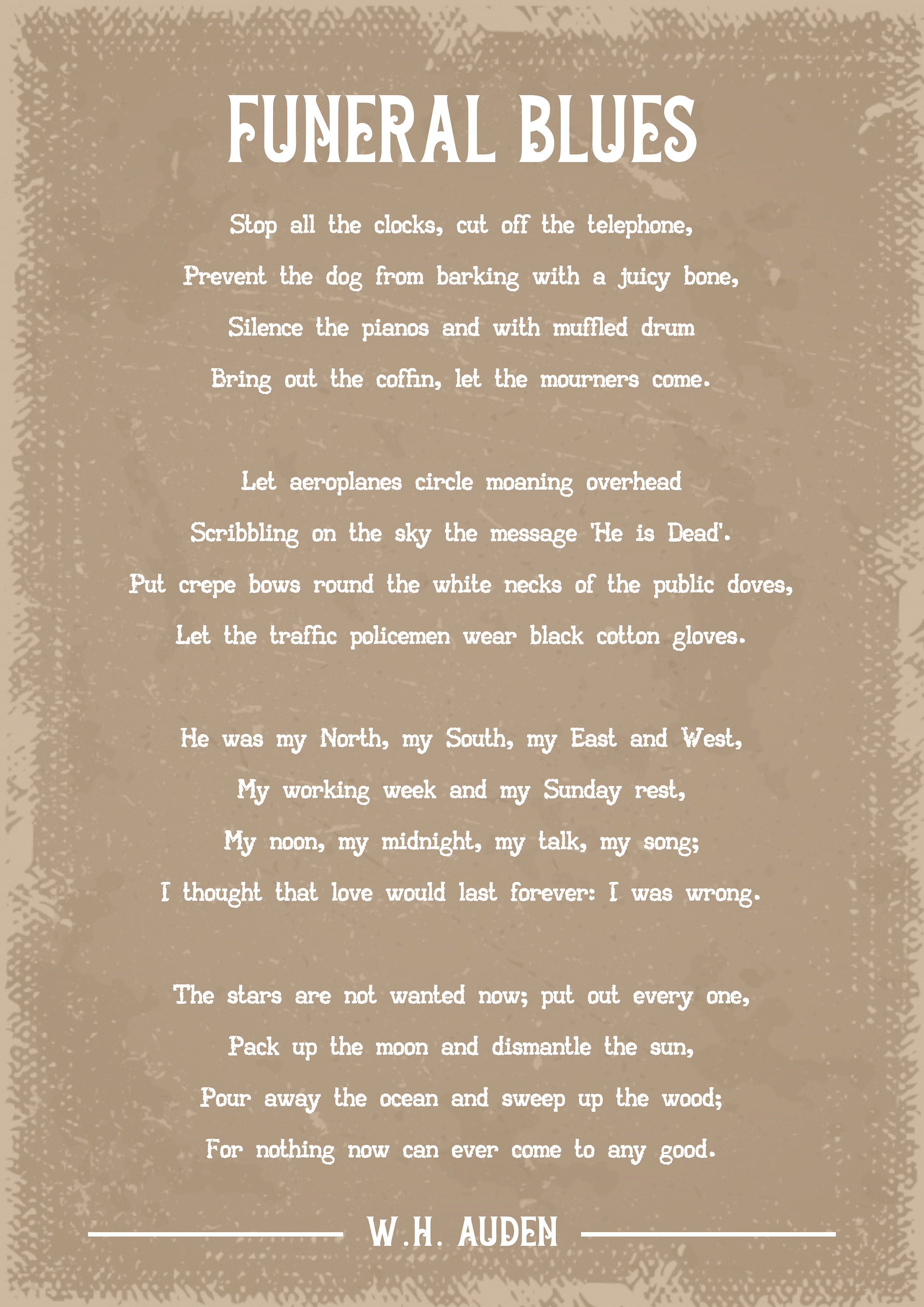 W.H. Auden Funeral Blues Poem Art Print Etsy UK