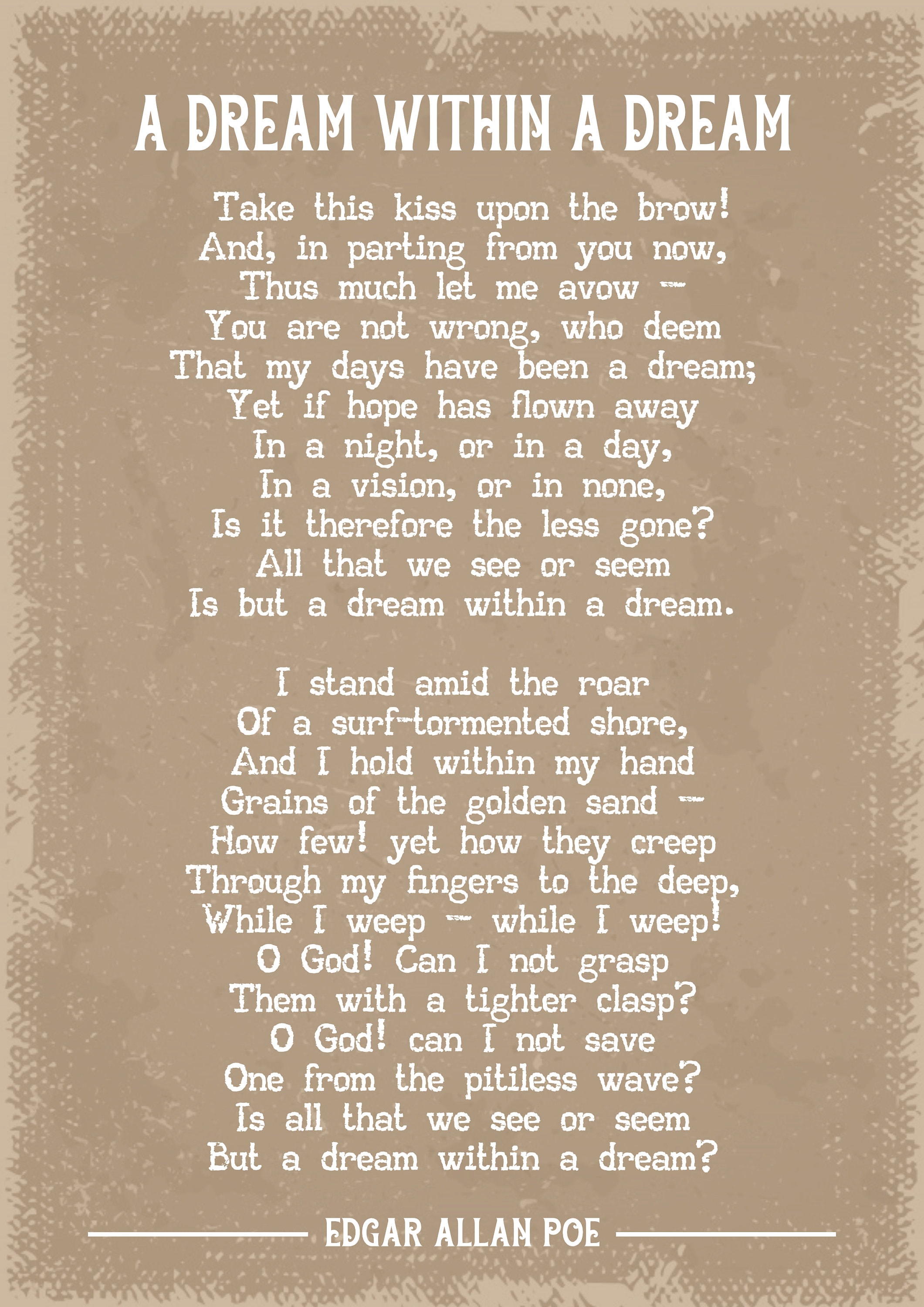 Edgar Allan Poe - A Dream Within A Dream - Poem - A4 Size (Black