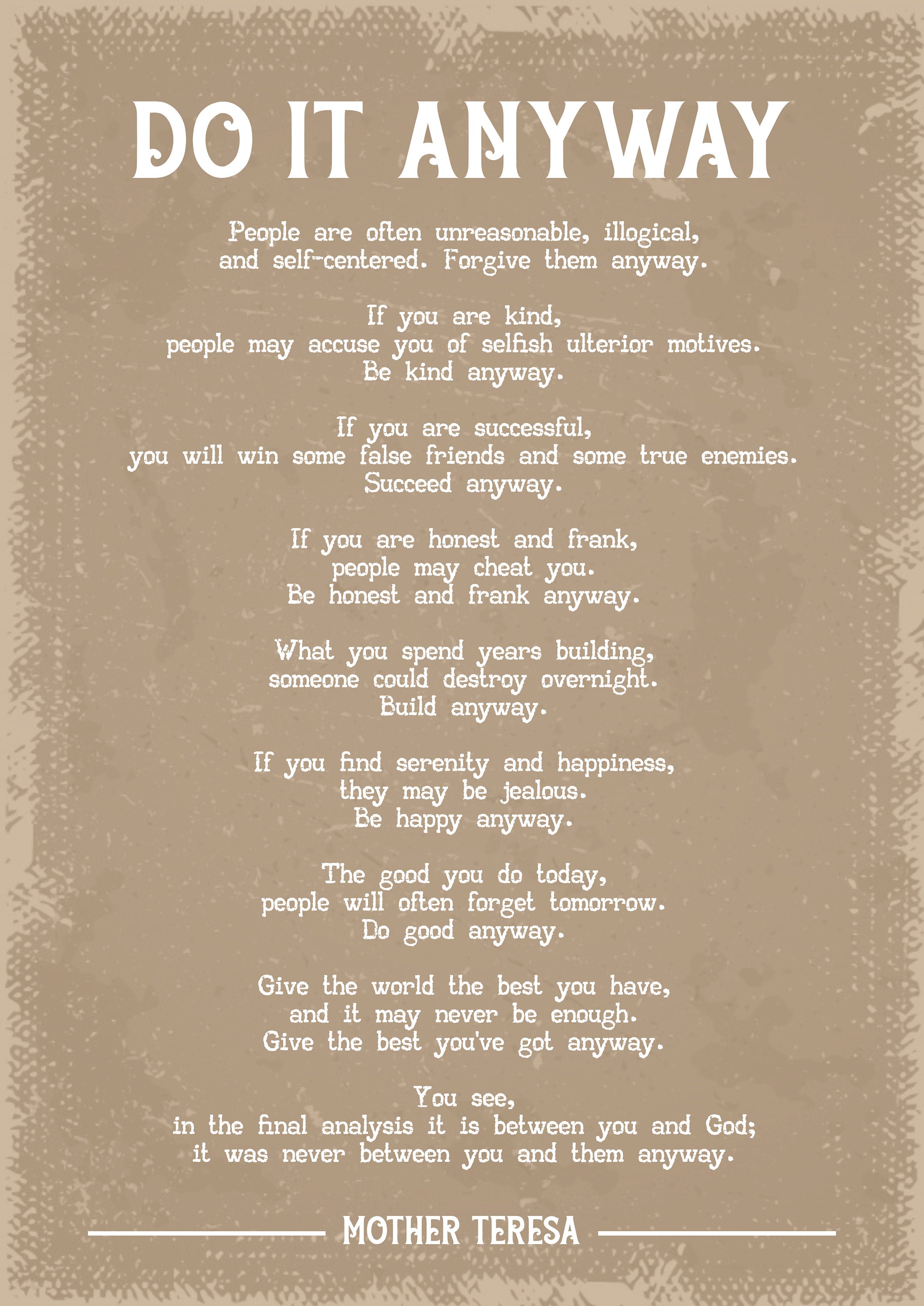 Mother Teresa Do It Anyway Poem Art Print Etsy