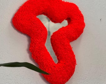 Abstract Orange Neon Tufted Wall Mirror – Handmade Fluffy Fiber Art Mirror – Bold Funky Sculptural Decor