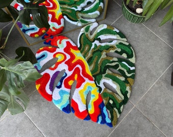 Thermal Colorful Monstera Leaf Fluffy Tufted Rug