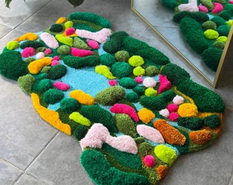 Tropical Paradise 3D Handmade Tufted Rug – Colorful Island & Ocean Scene – Nature Inspired Decor – Fluffy Art Carpet