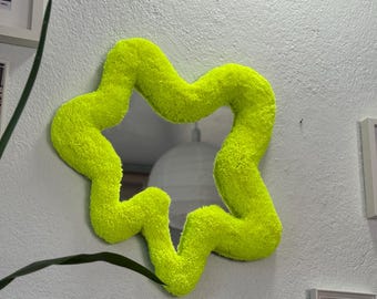 Abstract Yellow Neon Tufted Mirror – Handmade Fluffy Wall Decor – Funky Fiber Art with Mirror Center