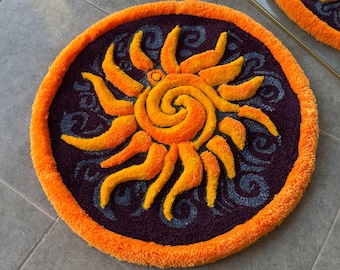 3D Sunshine Handmade Tufted Rug – Purple & Blue Background with Yellow Orange Texture – Celestial Fluffy Art Carpet