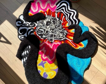 Psychedelic Checkered Rainbow 3D Skull Fluffy Handmade Tufted Rug /%100 Handmade