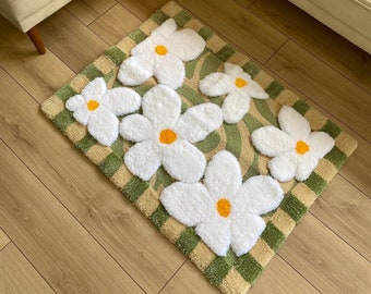 Abstract 3D Checkered Daisy Fluffy Handmade Tufted Rug