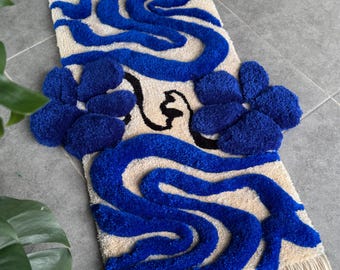 3D Floral Tufted Rug with Fringe – Handmade Navy & Beige Carpet – Minimalist Home Decor