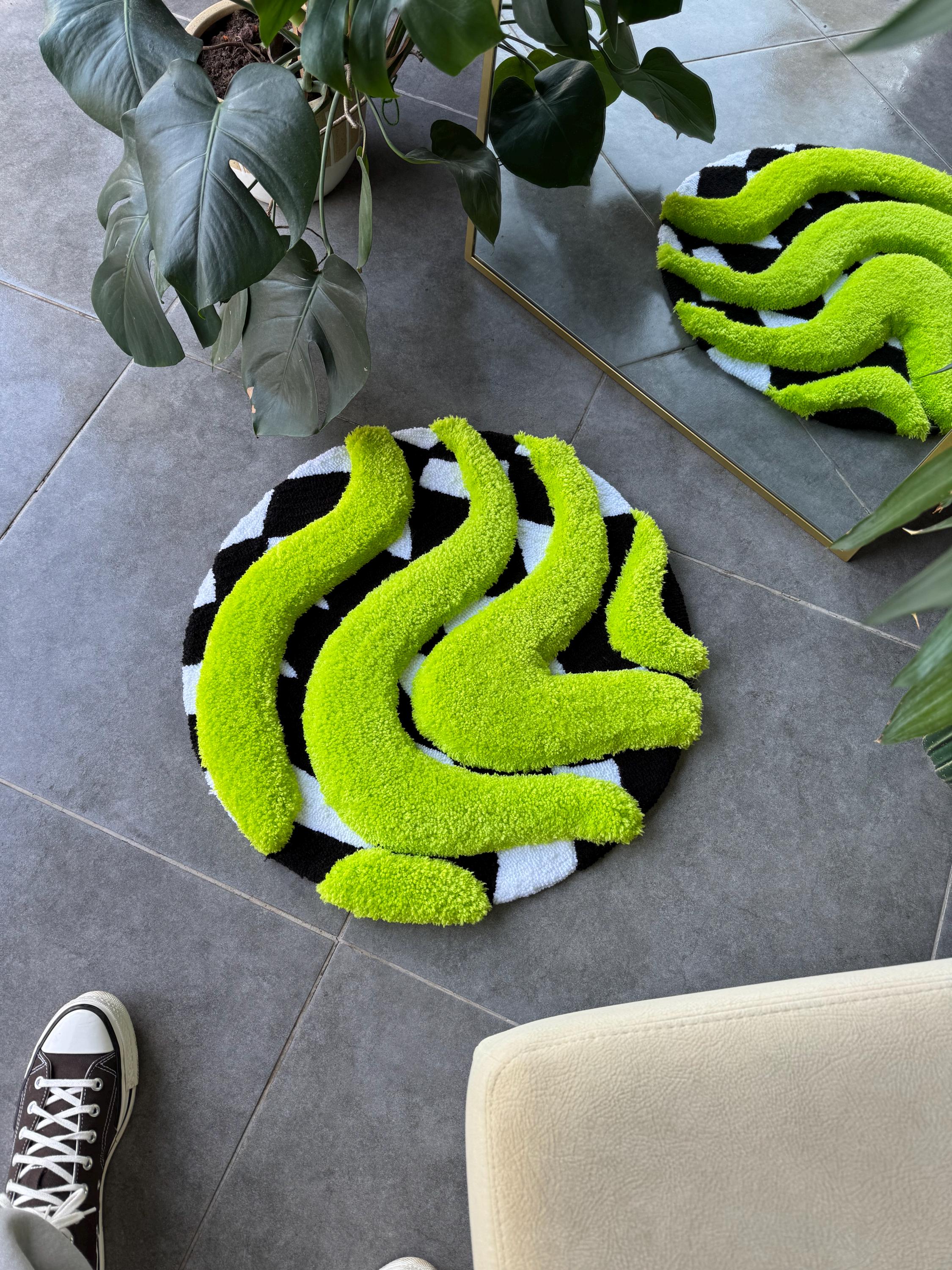 3D Vibrant Green & Checkered Fluffy Handmade Tufted Rug - Etsy