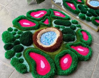3D Pink Tropical Plant Rug – Jungle Inspired Handmade Tufted Carpet – Botanical Fluffy Fiber Art