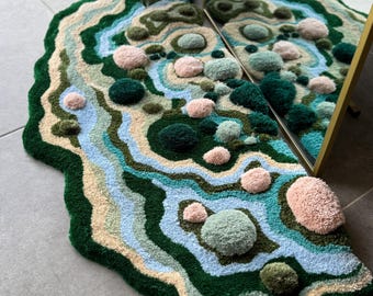Pastel Handmade Tufted Rug – Blue, Pink & Green Soft Color Carpet – Nature Inspired Calming Floor Art