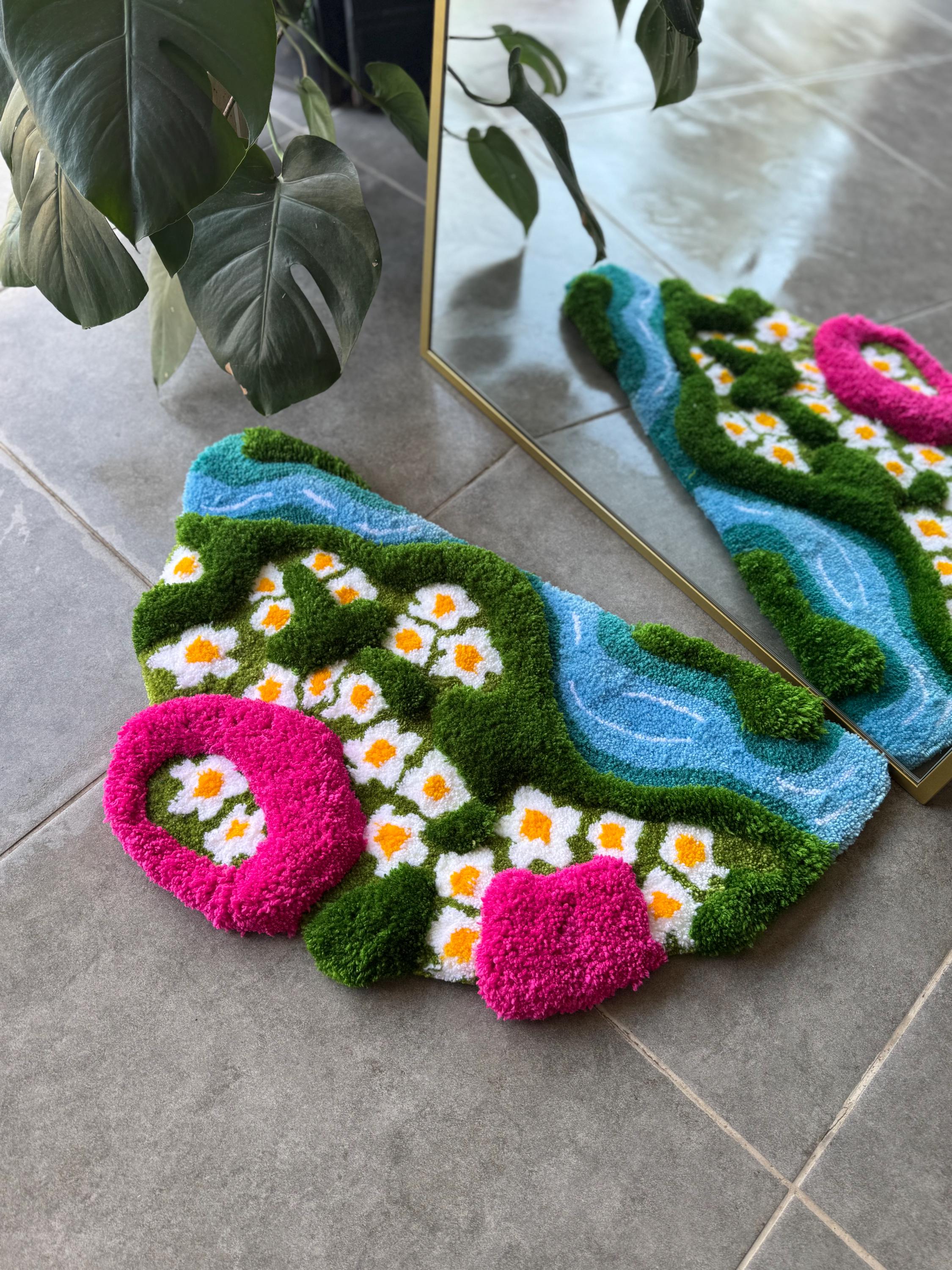 3D Daisy in Grass Handmade Tufted Rug – Pink & Green Floral Meadow ...