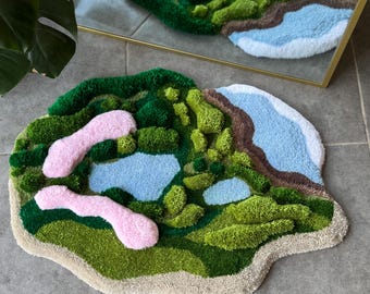 3D Forest Meets Coast Handmade Tufted Rug – Nature Inspired Fluffy Landscape – Sculptural Fiber Art Carpet