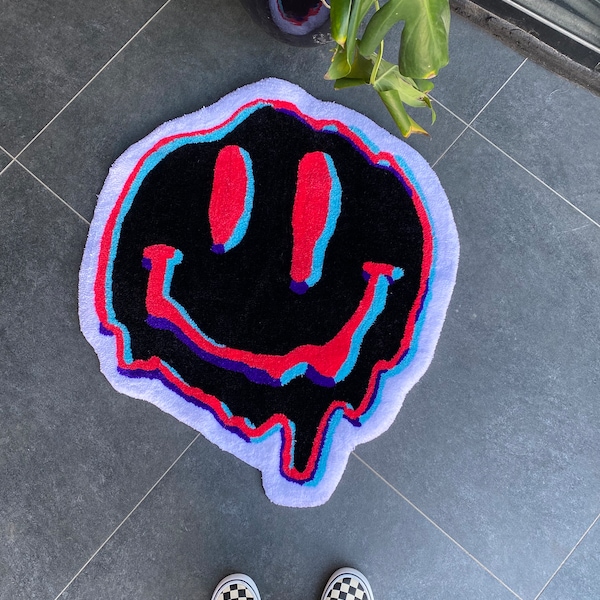 Lsd Acid Trippy Smile Face Fluffy Tufted Rug / %100 Handmade