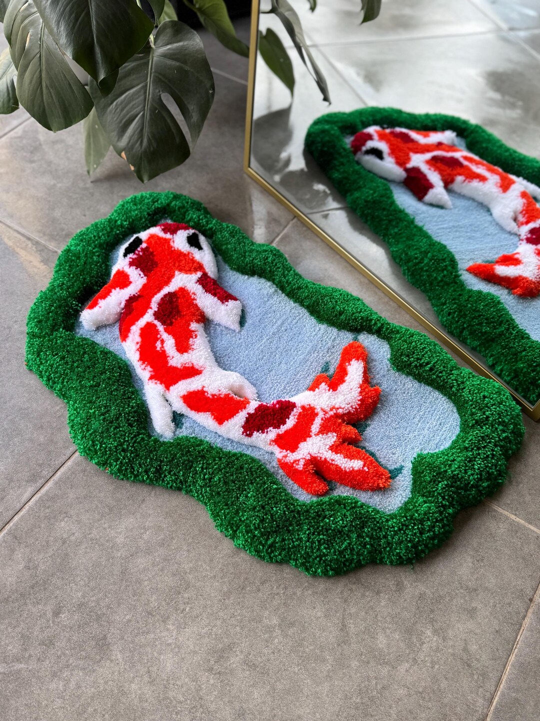 Fish Tuft Rug Koi Fish in Greenery 3D Handmade Tufted Rug – Mirror Decor Zen Floor ...