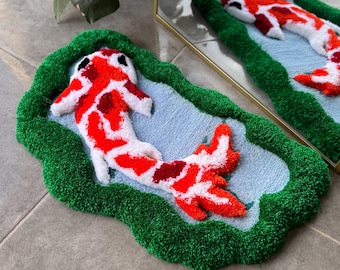 Koi Fish in Greenery 3D Handmade Tufted Rug – Mirror Decor Zen Floor Art – Sculptural Botanical Carpet
