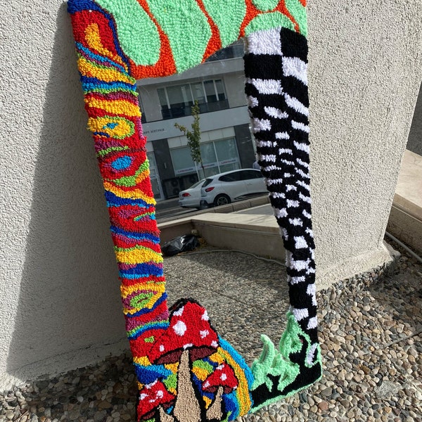 Chaotic Mushroom - Fire - Rainbow - Lsd Tufted Mirror Rug / %100 Handmade