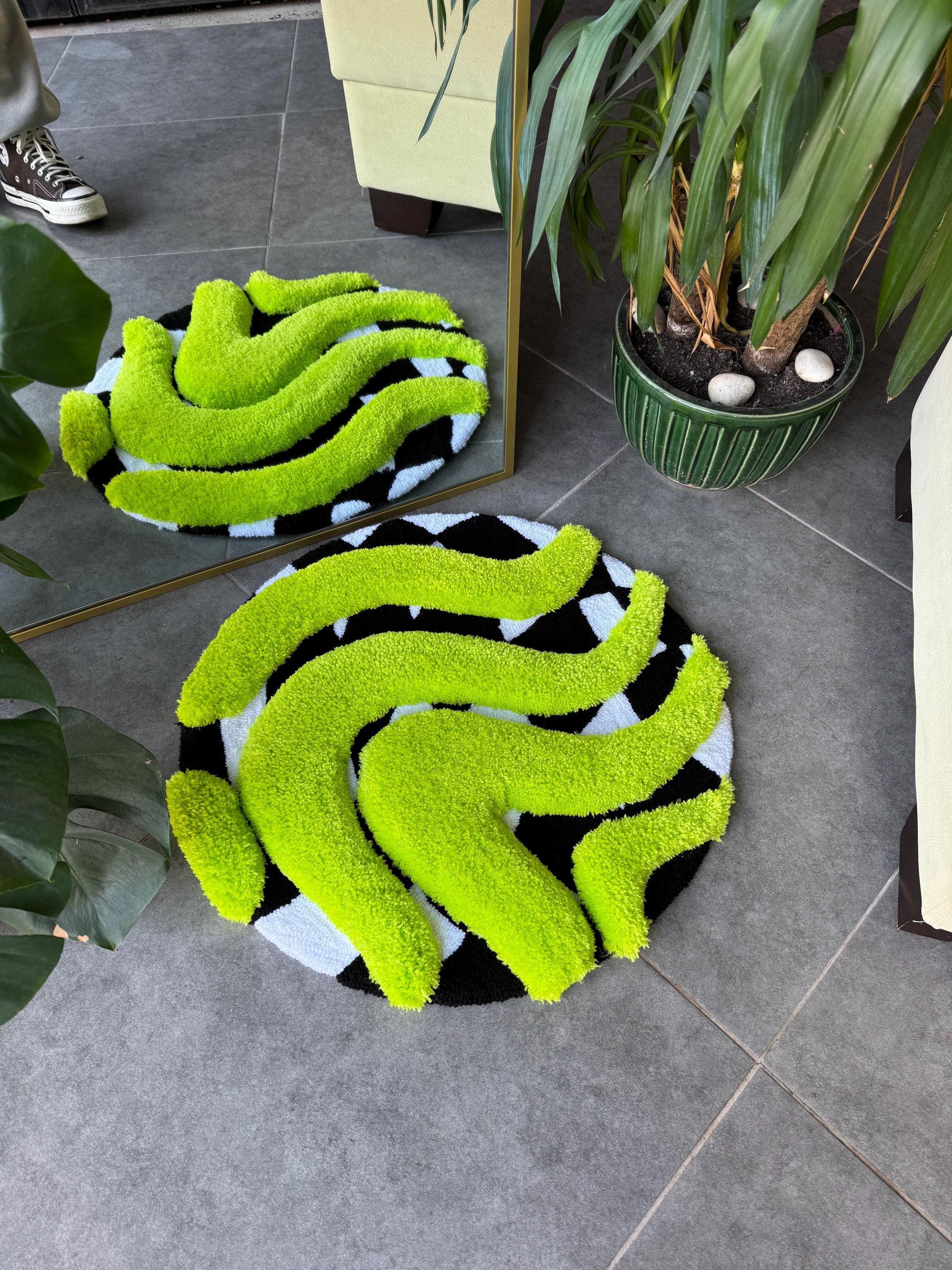 3D Vibrant Green & Checkered Fluffy Handmade Tufted Rug - Etsy