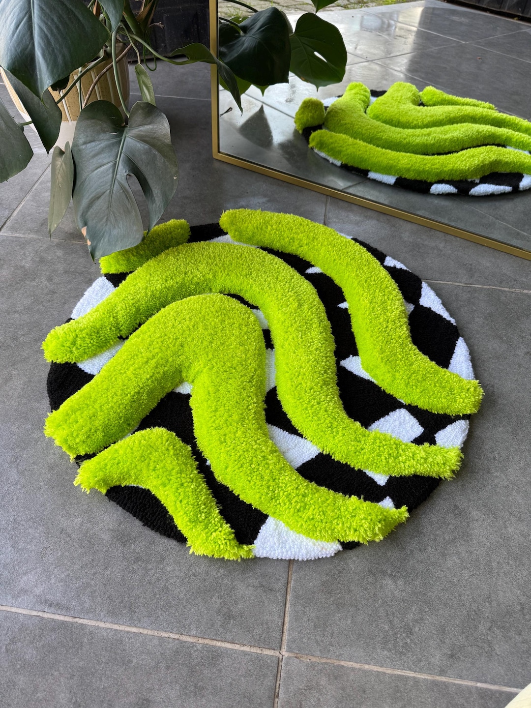 3D Vibrant Green & Checkered Fluffy Handmade Tufted Rug - Etsy