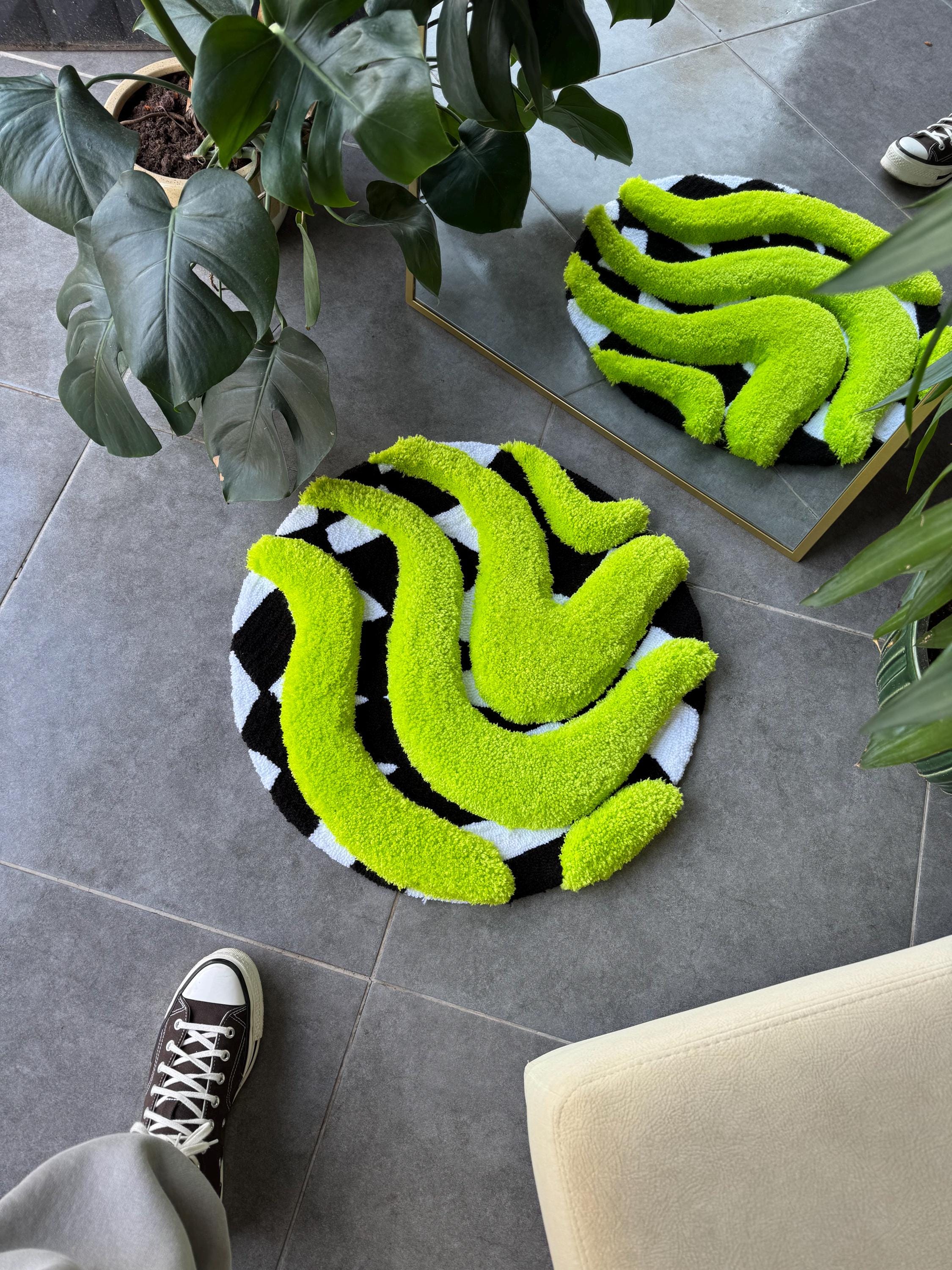 3D Vibrant Green & Checkered Fluffy Handmade Tufted Rug - Etsy