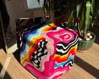 Rainbow Checkered  Psychedelic  Tufted Ottoman Pouf Cover (Unstuffed) / Moroccan Pouf / Bohemian /  Psychedelic Home Decor