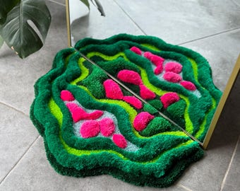 3D Tropical Leaves Handmade Tufted Rug – Botanical Textured Mirror Decor – Jungle Inspired Fiber Art Carpet