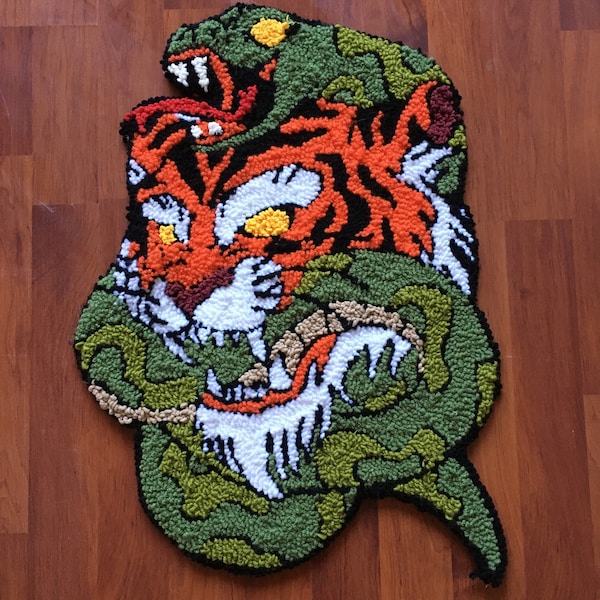 Oldschool Tiger & Snake Tufted Rug / %100 Handmade