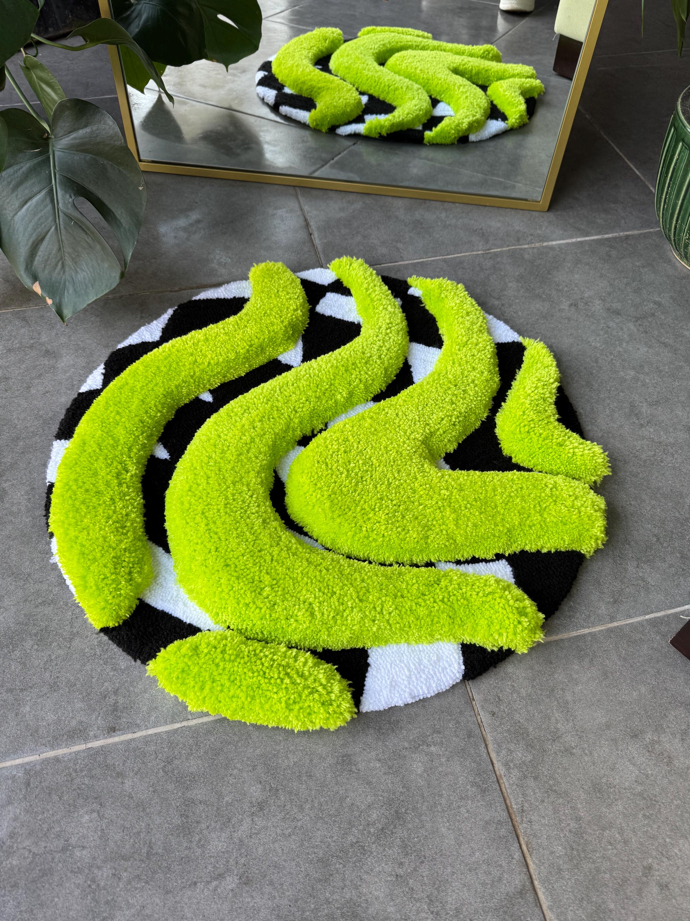 3D Vibrant Green & Checkered Fluffy Handmade Tufted Rug - Etsy
