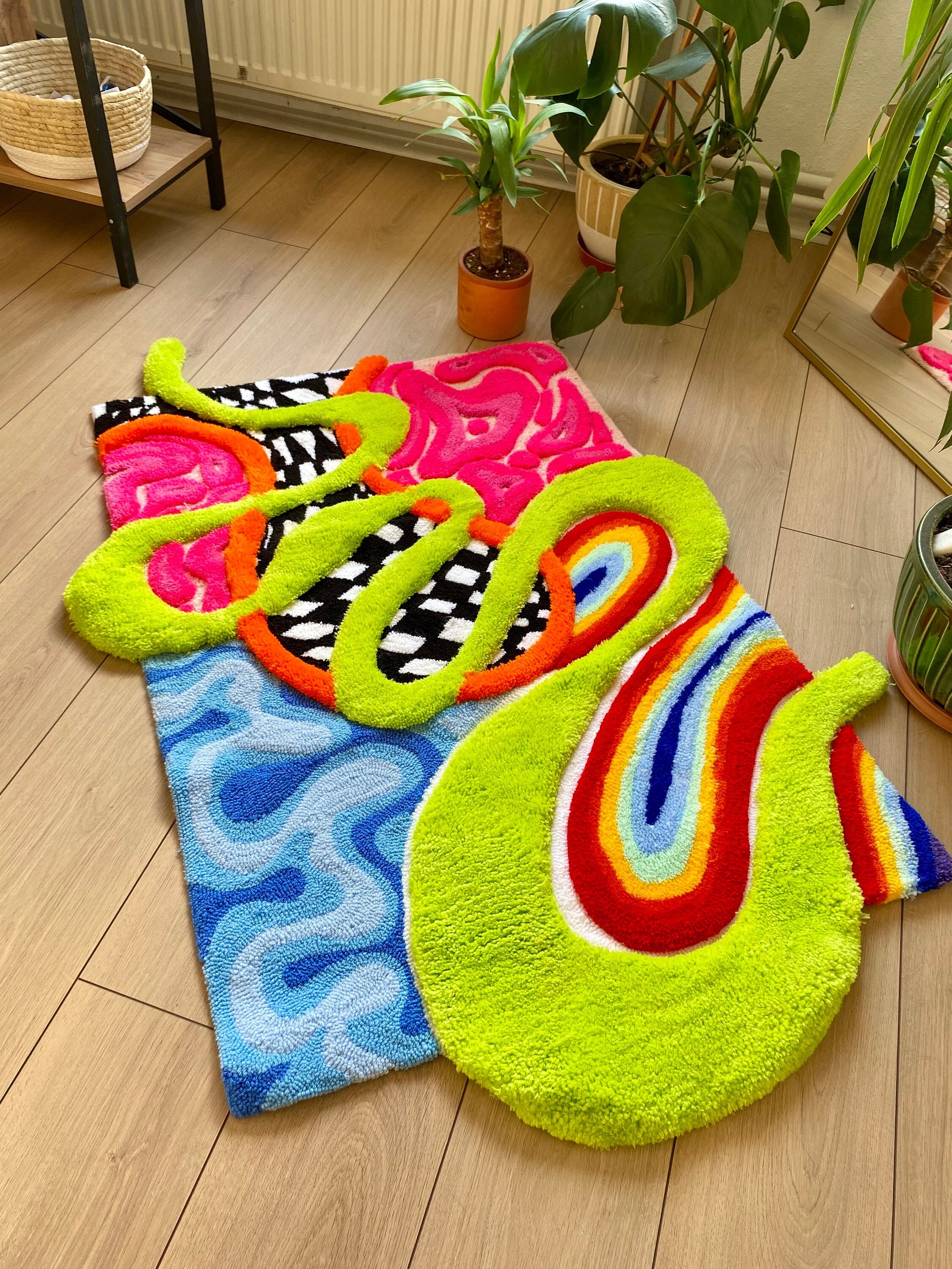 3D 'alice' Fluffy Checkered Rainbow Handmade Tufted Rug - Etsy