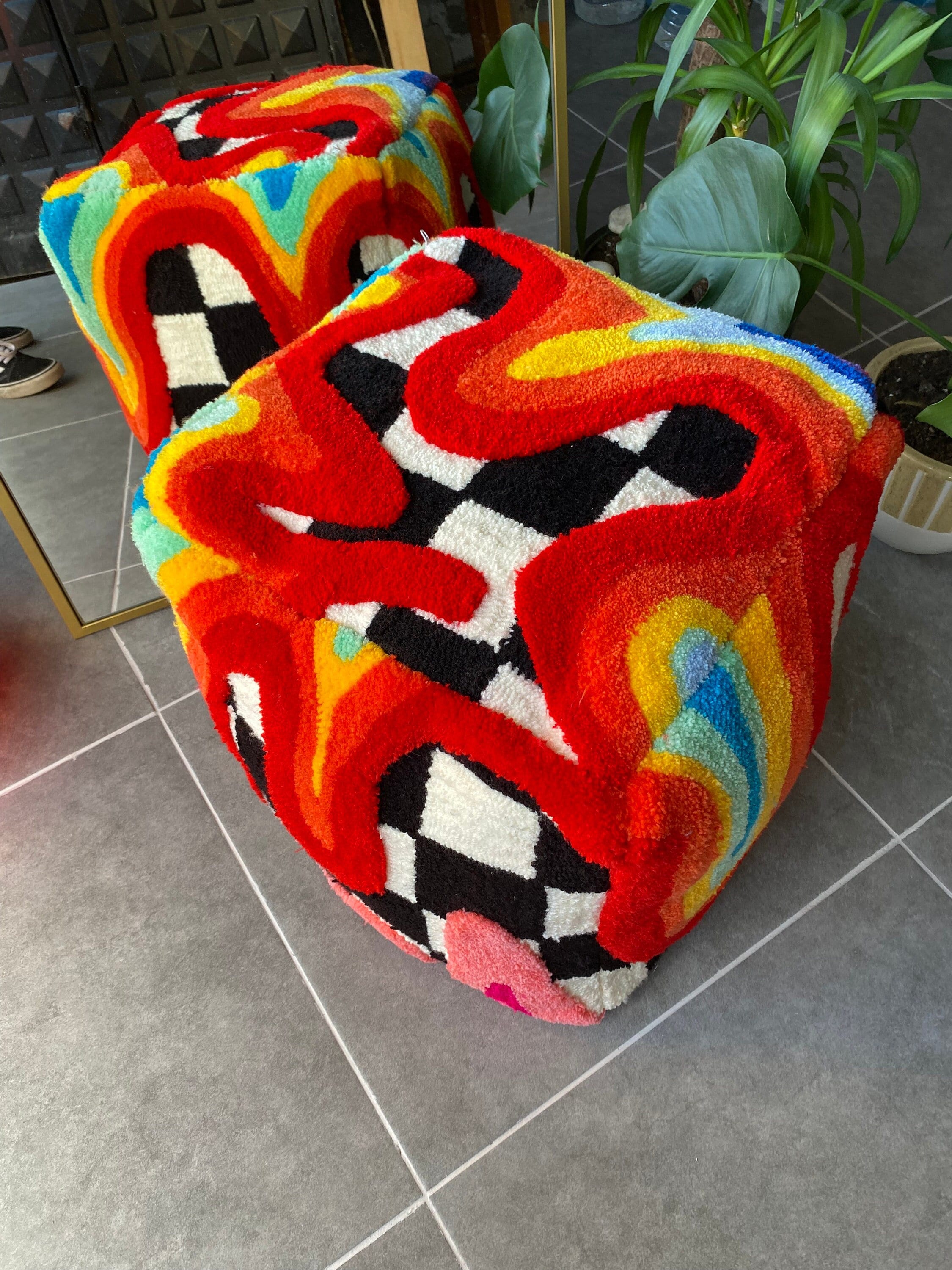 【MARKET B】RABOW handmade knit pouf Rainbow Checkered 3D Tufted Ottoman Pouf Tufted Ottoman Pouf