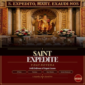 Op de afbeelding: Een digitaal product met een 9-daagse noveen voor Sint-Expeditus. De afbeelding toont een standbeeld van Sint-Expeditus in een kerk, met de tekst "S. Expedito, Mart. Exaudi Nos." Het product bevat afdrukbare dagelijkse gebeden en direct downloaden.