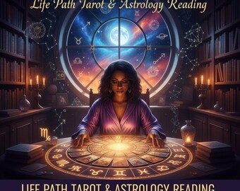 Puede incluir: Ilustración de una mujer con una bata morada sentada a una mesa con una tirada de tarot. La mesa está iluminada y el fondo presenta una gran ventana con un diseño celestial. El texto dice "Life Path Tarot & Astrology Reading."