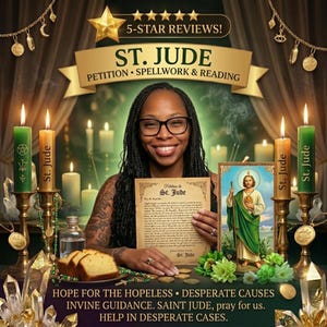 May include: An image featuring a woman holding a document labeled "Petition to St. Jude" with a portrait of St. Jude. The image includes lit candles, crystals, and the text "5-STAR REVIEWS!" and "HOPE FOR THE HOPELESS".