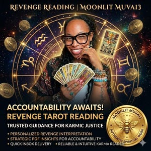 May include: An image promoting a tarot reading service. The image features a person holding tarot cards, with text that reads "REVENGE READING" and "ACCOUNTABILITY AWAITS! REVENGE TAROT READING". A gold coin with a bee is also visible.