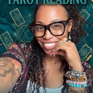 May include: A digital graphic for a 5-Minute Intuitive Tarot Reading service. The background is a dark teal with gold marbling and tarot card illustrations. Text reads 5-MINUTE INTUITIVE TAROT READING and SAME-DAY DELIVERY DELIVERED VIA ETSY MESSAGES.