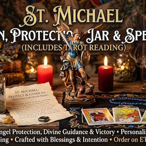 May include: An image featuring a St. Michael petition and spellwork kit. The kit includes a jar, tarot cards, candles, and a statue of St. Michael. The text on the image reads "Petition, Protect Jar & Spellwork" and "Includes Tarot Reading."