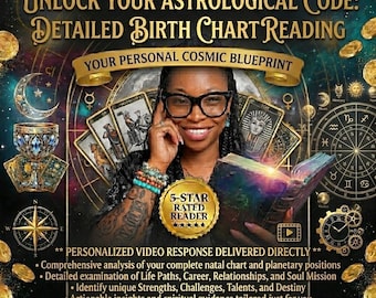 May include: An advertisement for a detailed birth chart reading. The image features a woman with glasses holding a book and tarot cards. Text includes "Unlock Your Astrological Code" and "5-Star Rated Reader". The background has astrological symbols and gold coins.