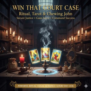 May include: An image with the text "WIN THAT COURT CASE". The image shows tarot cards, a burning candle, a small mirror, and a bag labeled "Chewing John" on a wooden table. The text "Ritual, Tarot & Chewing John" is also visible.